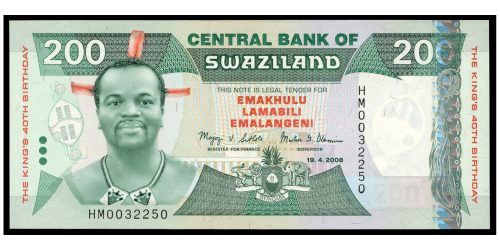 BILLETE: SUAZILANDIA 200 EMALANGENI 2008