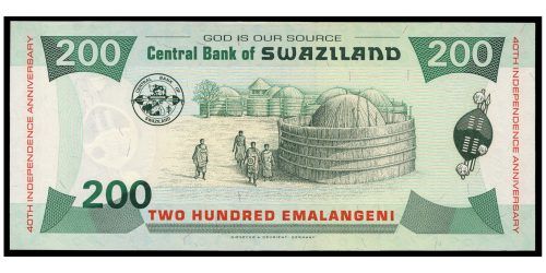 Alternative view of BILLETE: SUAZILANDIA 200 EMALANGENI 2008
