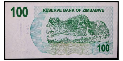 Alternative view of BILLETE; ZIMBABWE 100 DOLARES 2006