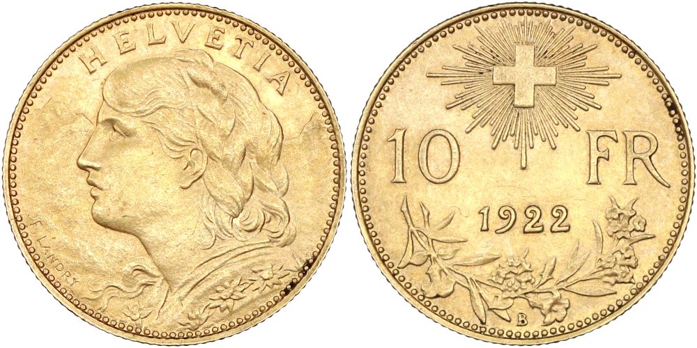 SUIZA 10 FRANCOS 1922 B