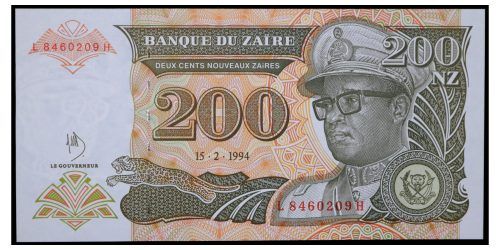 BILLETE; ZAIRE 200 NUEVOS ZAIRES 1994
