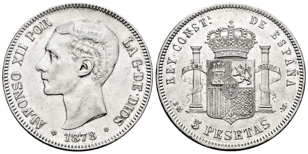 ALFONSO XII  5 PESETAS 1878 EMM sobre DEM (VARIANTE)