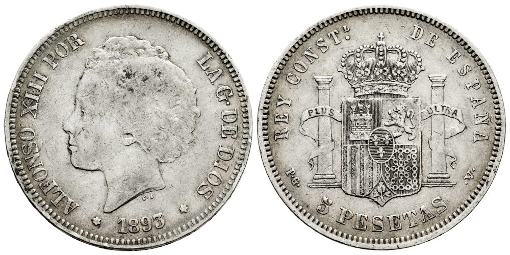 ALFONSO XIII  5 PESETAS 1893 PGV