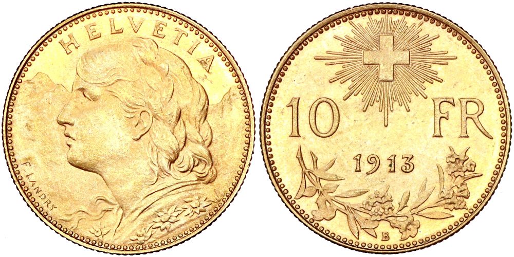 SUIZA 10 FRANCOS 1913 B