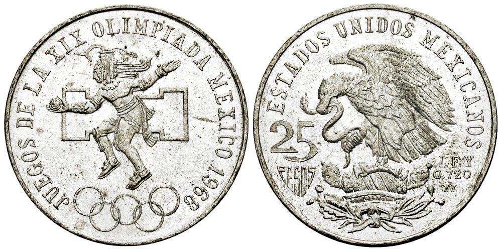 MEXICO 25 PESOS 1968 VARIANTE; ARO CENTRAL BAJO