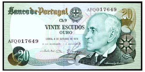 BILLETE; PORTUGAL 20 ESCUDOS 1978