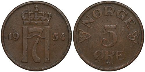 NORUEGA 5 ORE 1954