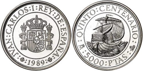 Alternative view of ESPAÑA V CENTENARIO 5000 PESETAS PLATA 1989
