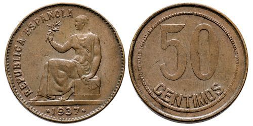 II REPUBLICA 50 CENTIMOS 1937*6  VARIANTE; ORLA DE CUADROS