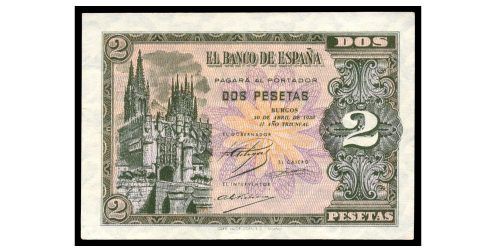 ESTADO ESPAÑOL 2 PESETAS 1938 BURGOS II AÑO TRIUNFAL