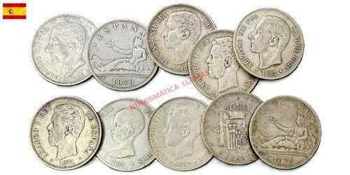LOTE INVERSION: 10 MONEDAS DE 5 PESETAS 1870 -1899