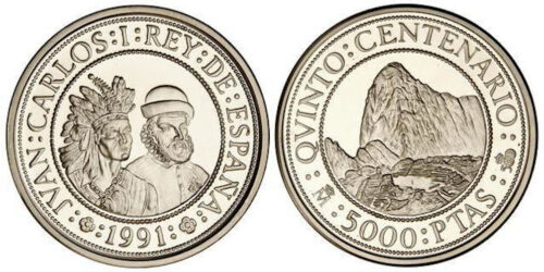 Alternative view of ESPAÑA V CENTENARIO 5000 PESETAS PLATA 1991
