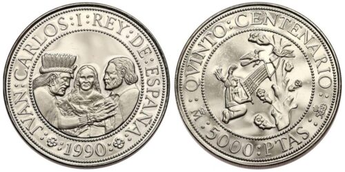 Alternative view of ESPAÑA V CENTENARIO 5000 PESETAS PLATA 1990