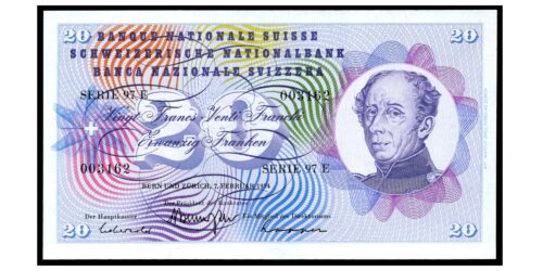 BILLETE; SUIZA 20 FRANCOS 1974