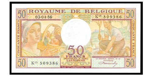 BILLETE; BELGICA 50 FRANCOS 1956