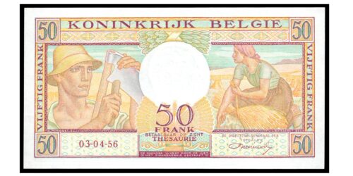 Alternative view of BILLETE; BELGICA 50 FRANCOS 1956