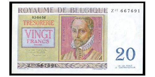 BILLETE; BELGICA 20 FRANCOS 1956