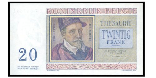 Alternative view of BILLETE; BELGICA 20 FRANCOS 1956