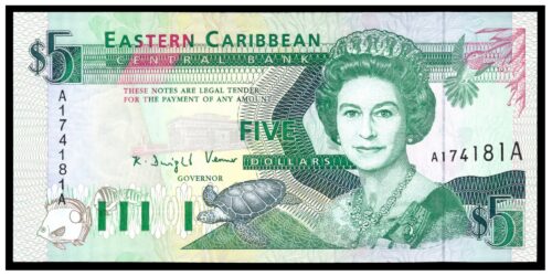 BILLETE; ESTADOS CARIBEÑOS (ANTIGUA) 5 DOLARES (1993)