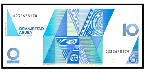 Alternative view of BILLETE; ARUBA 10 FLORINES 1993