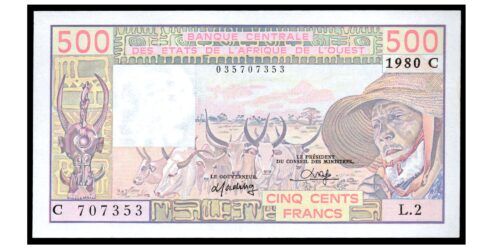 BILLETE; AFRICA OCCIDENTAL (BURKINA FASO) 500 FRANCOS 1980