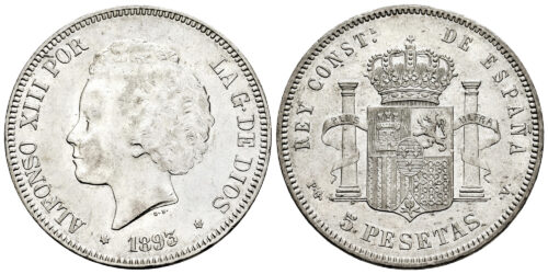 ALFONSO XIII  5 PESETAS 1893 PGV