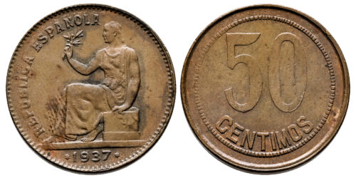 II REPUBLICA 50 CENTIMOS 1937*6  VARIANTE; ORLA DE CUADROS