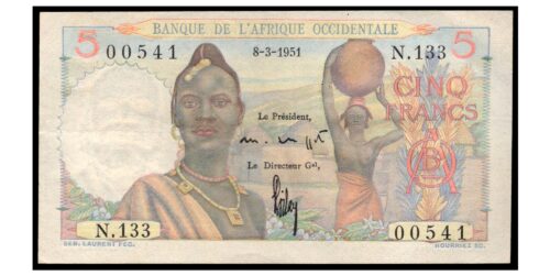 BILLETE; AFRICA OCCIDENTAL FRANCESA 5 FRANCOS 1951