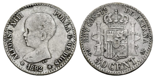 ALFONSO XIII  50 CENTIMOS 1892 VARIANTE; ESTRELLAS 2-2