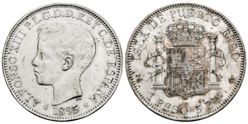 ALFONSO XIII  1 PESO = 5 PESETAS 1895 PUERTO RICO
