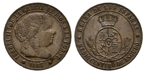 ISABEL II  1/2 CENTIMO DE ESCUDO 1867 BARCELONA
