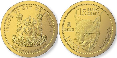 ESPAÑA 15 EURO CENT 2022 LINCE IBERICO (1/10 ONZA DE ORO PURO)
