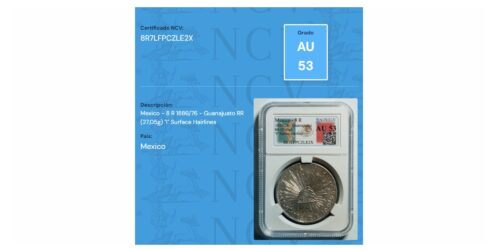 Alternative view of MEXICO 8 REALES 1886/76 GUANAJUATO RR