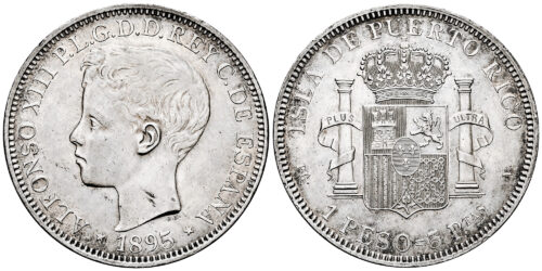 ALFONSO XIII  1 PESO = 5 PESETAS 1895 PUERTO RICO