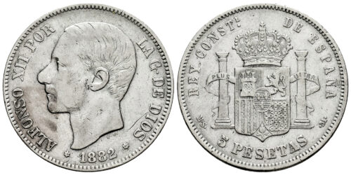 ALFONSO XII  5 PESETAS 1882 ACUÑADA SOBRE 81 Y 2ª ESTRELLA 81