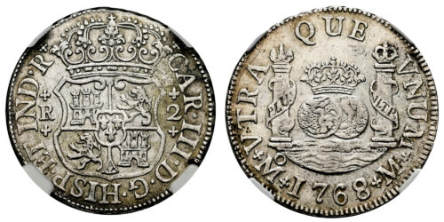 Alternative view of CARLOS III  2 REALES 1768 MEXICO M