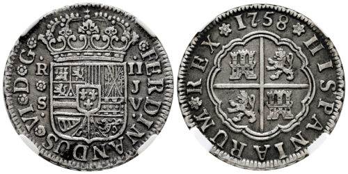 Alternative view of FERNANDO VI  2 REALES 1758 SEVILLA JV