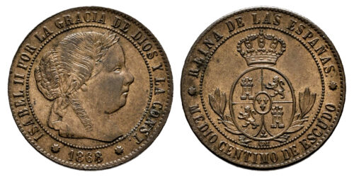 ISABEL II  1/2 CENTIMO DE ESCUDO 1868 BARCELONA OM