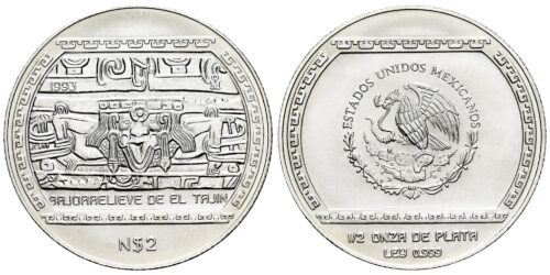 MEXICO 2 PESOS 1993 BAJORRELIEVE DE EL TAJIN (1/2 DE ONZA)