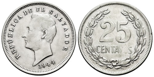 EL SALVADOR 25 CENTAVOS 1944 FRANCISCO MORAZAN