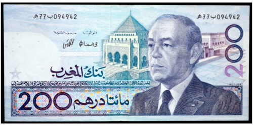 BILLETE; MARRUECOS 200 DIRHAMS 1987