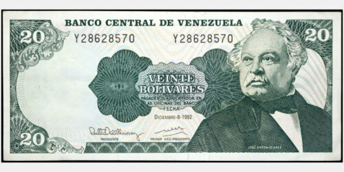 BILLETE; VENEZUELA 20 BOLIVARES 1992