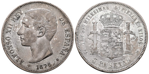 ALFONSO XII  5 PESETAS 1876 VARIANTE; OREJA RAYADA