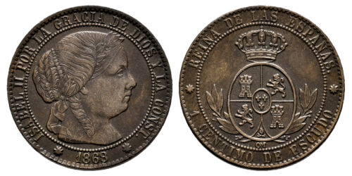 ISABEL II  1 CENTIMO DE ESCUDO 1868 BARCELONA