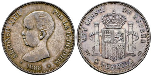 ALFONSO XIII  5 PESETAS 1888 MPM