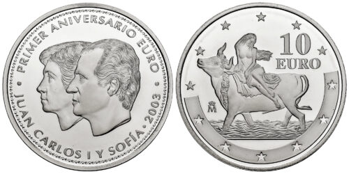 ESPAÑA 10 EUROS 2003 PRIMER ANIVERSARIO DEL EURO